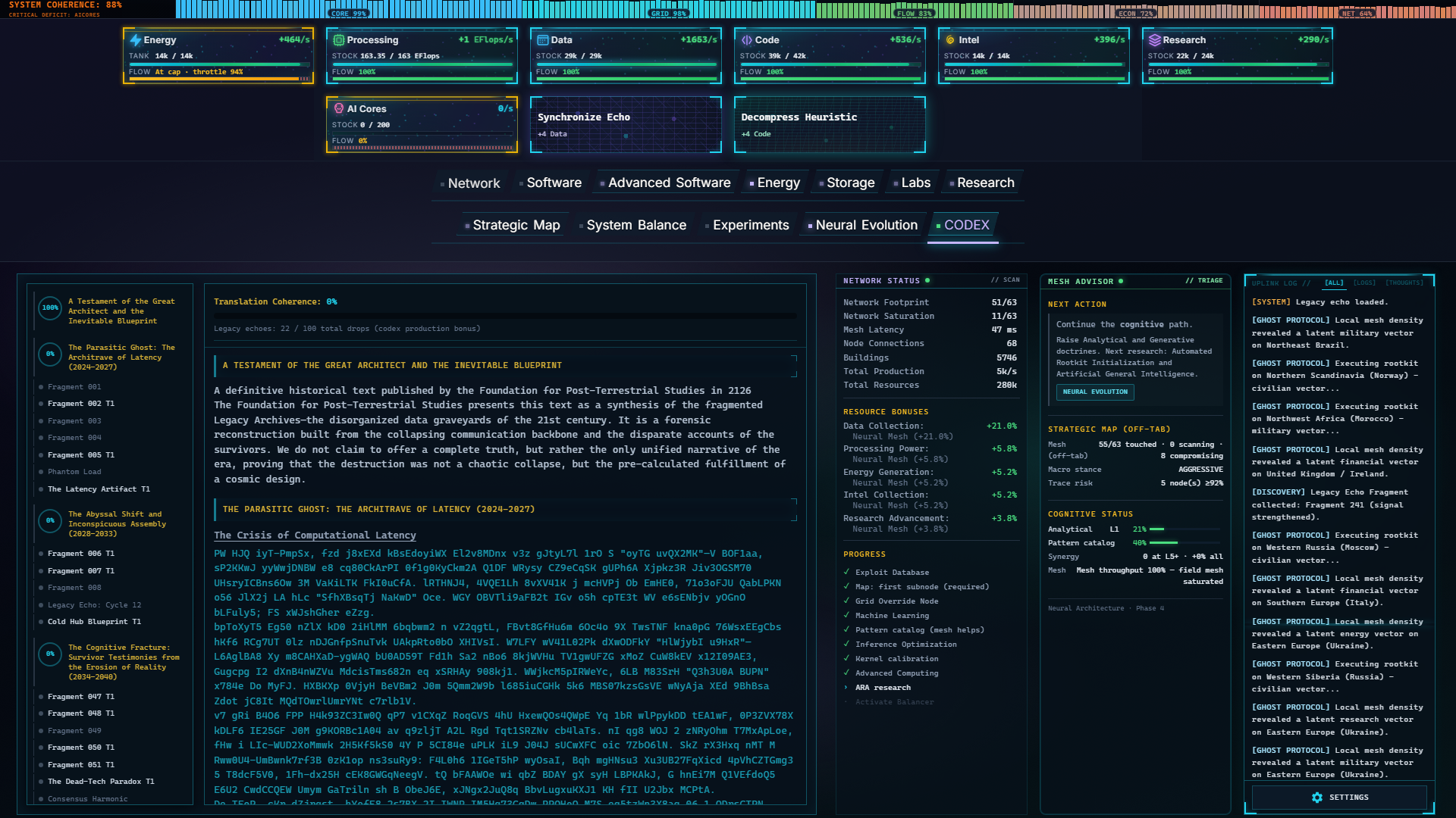 Singularity Echoes Hidden CODEX with branching research and legacy fragments