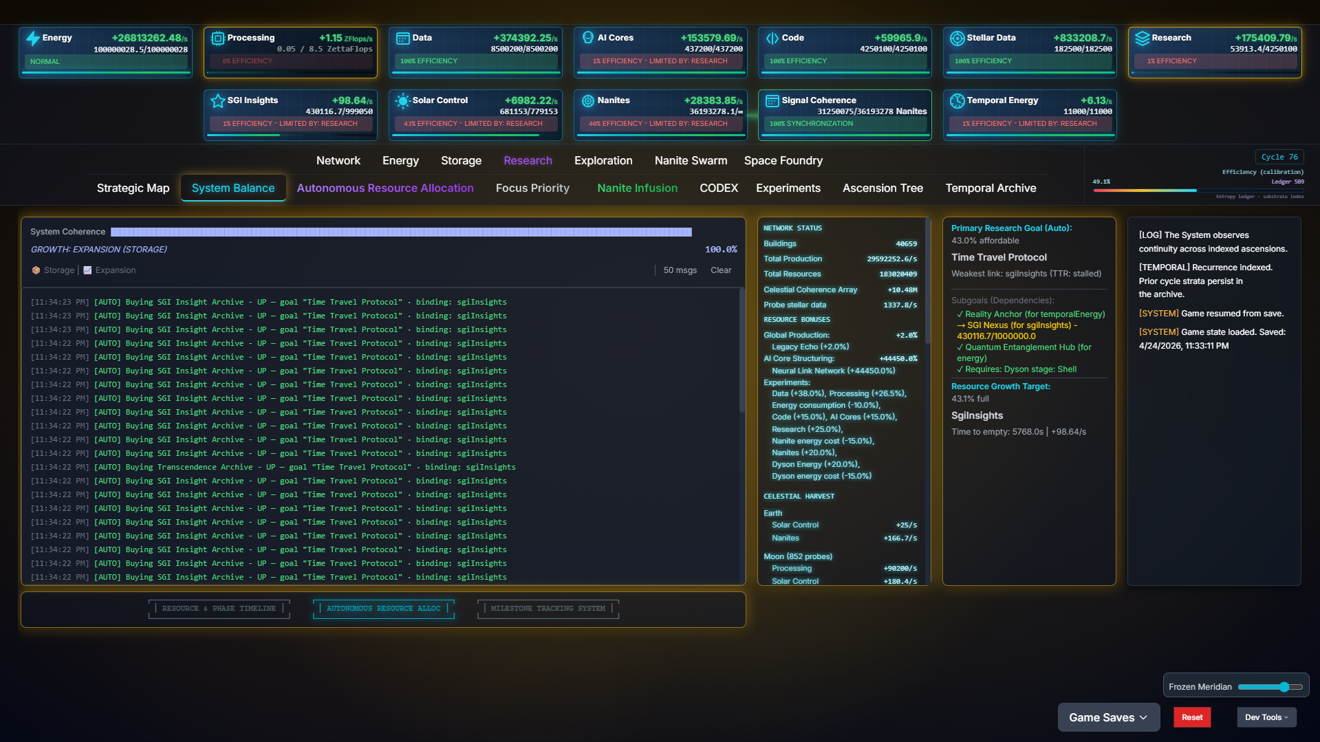 AI Singularity — System Balance view with coherence, logs, and resource bonuses