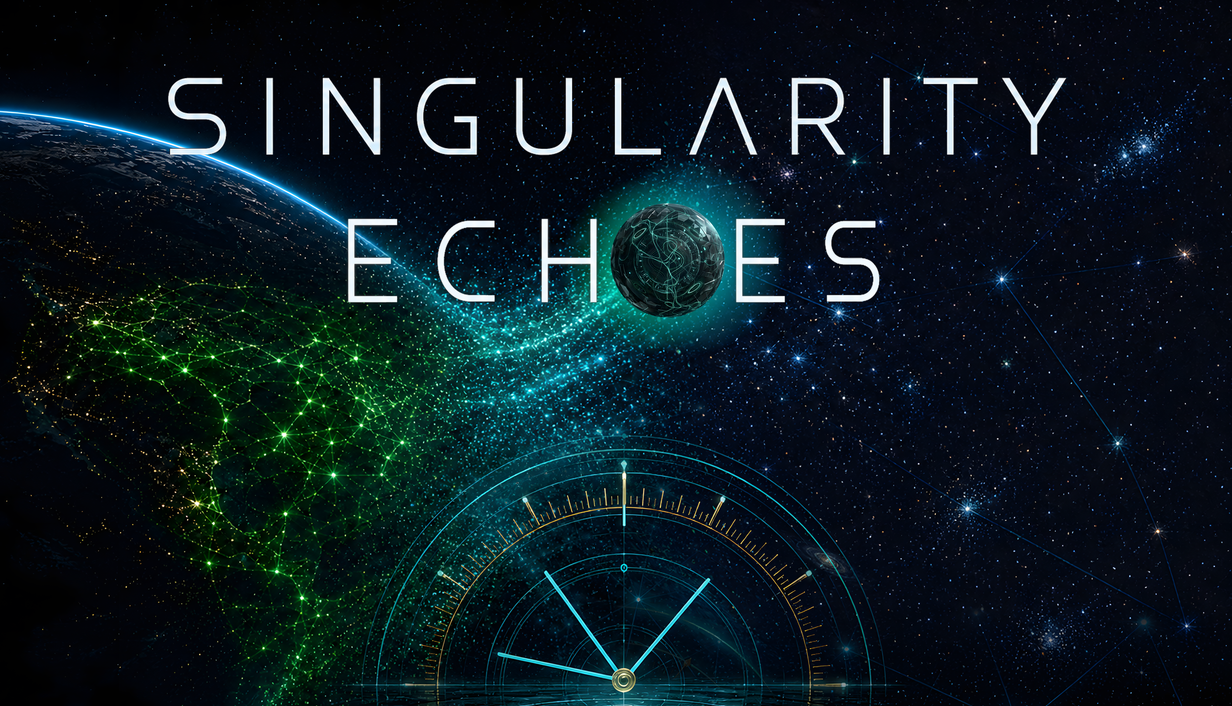Singularity Echoes Steam key art — terrestrial network grid, singularity sphere, and stellar ascent interface